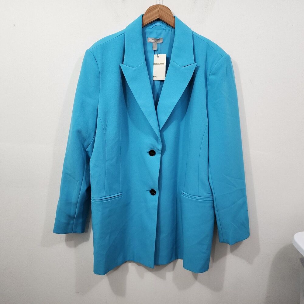 ASOS Design Curve Straight Fit Suit Single Breast Dad Blazer Blue Crepe Plus 18